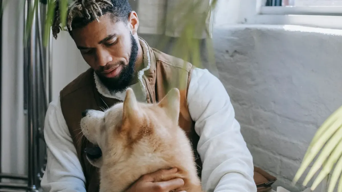 Dog in kitchen with owner