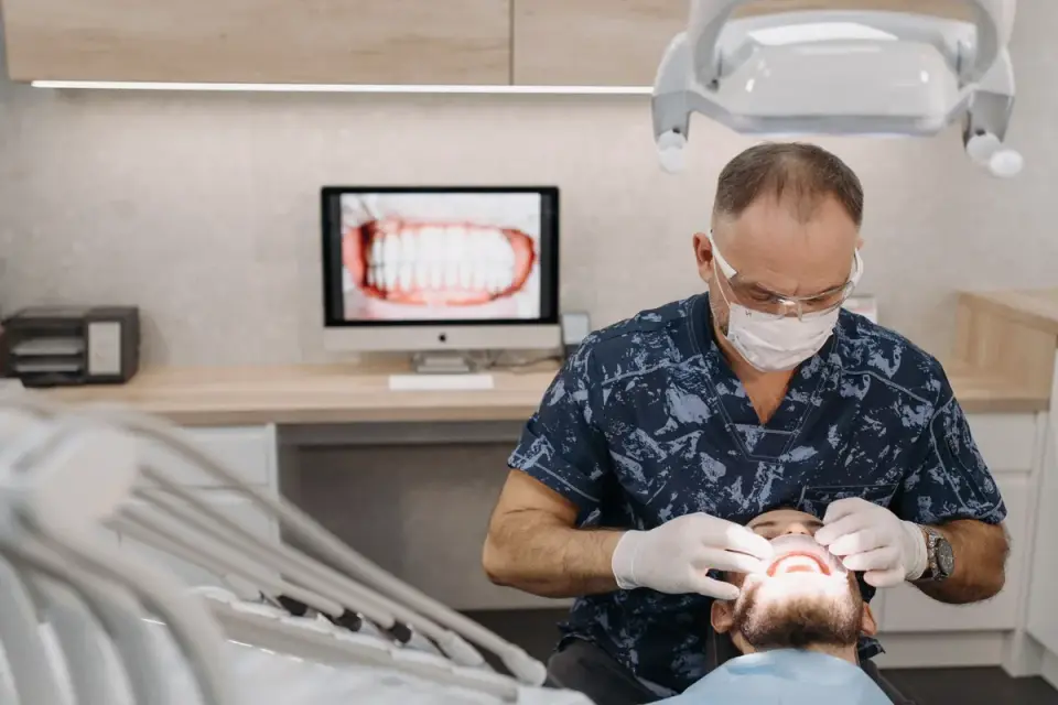 Veterinarian examining a dog&#x27;s teeth during a checkup
